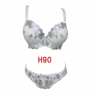 H90/3L・ホワイト　大花柄刺繍ブラジャー＆ショーツ　グラマーカップ　新品(ブラ&ショーツセット)