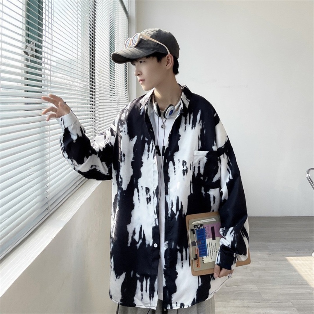 売れてます！モード　韓国　柄シャツ　黒白　個性　XL　メンズ | フリマアプリ ラクマ