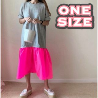 ★グレー★Tシャツワンピース ミモレ丈 蛍光 カジュアル オルチャン Y2K(ひざ丈ワンピース)