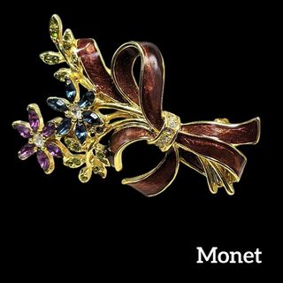 【新品同様】Monet ブローチ リボン フラワー マルチカラー ゴールド(ブローチ/コサージュ)