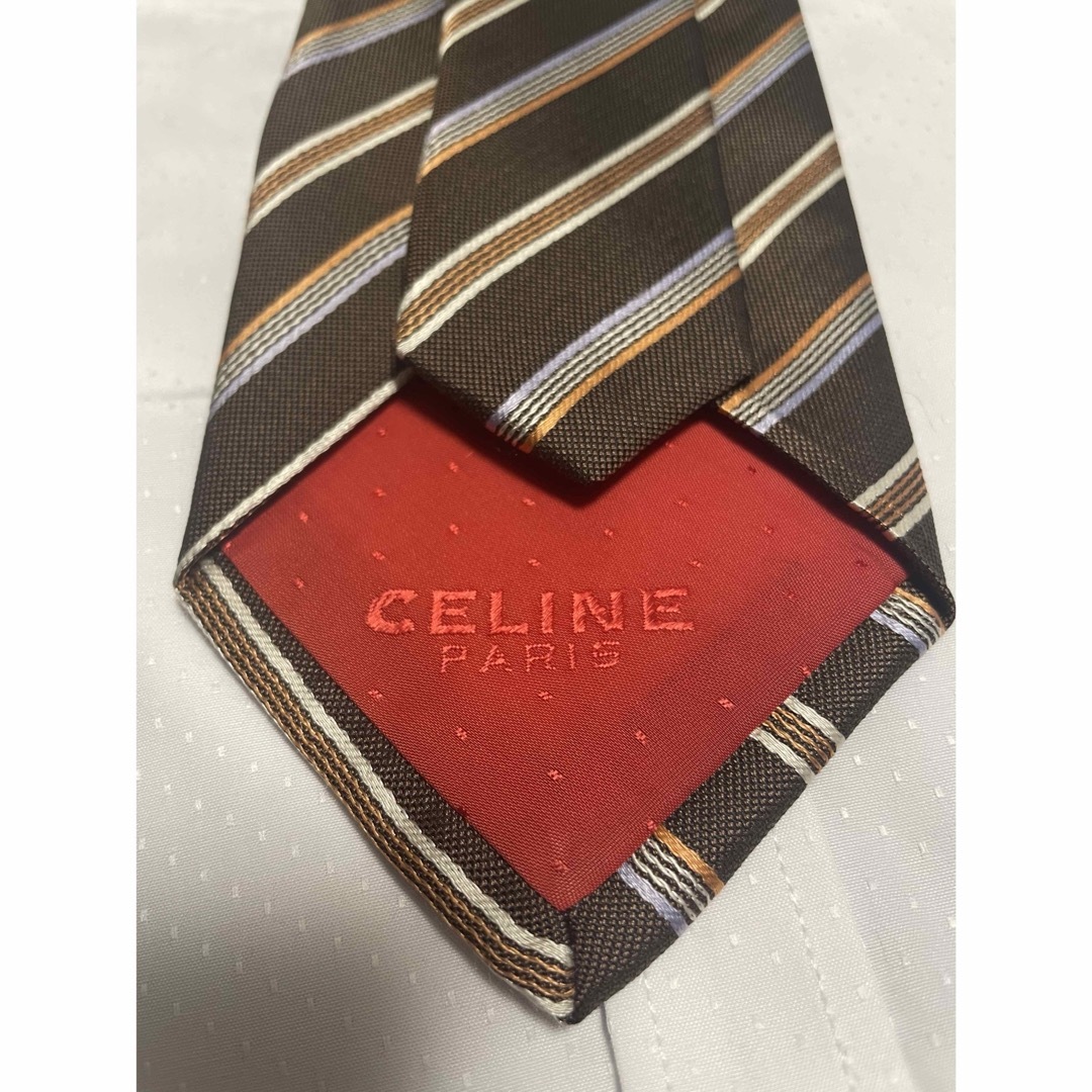 celine(セリーヌ)のセリーヌ　ネクタイ【美品】ストライプ柄　光沢　厚手　ブラウン系 メンズのファッション小物(ネクタイ)の商品写真