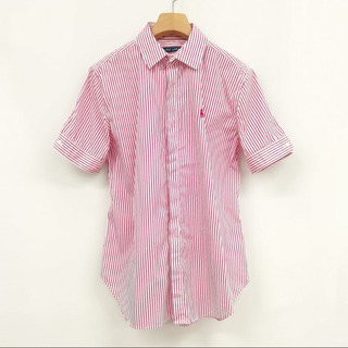 ラルフローレン(Ralph Lauren)の美品 ストライプ シャツ ブラウス ワンポイント 比翼 半袖 6 ピンク系(シャツ/ブラウス(半袖/袖なし))