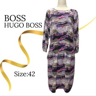 ヒューゴボス(HUGO BOSS)の★美品★ボスヒューゴボス　長袖ワンピース　ジャージー　総柄(ひざ丈ワンピース)