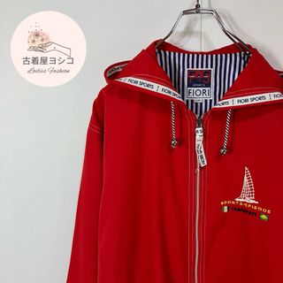 【ジャンパー　刺繍デザイン　配色ステッチ　フルジップ　薄手　レッド　古着】(ブルゾン)