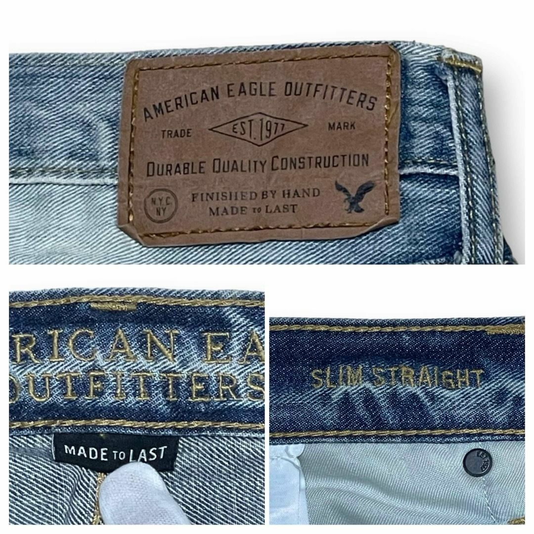 American Eagle(アメリカンイーグル)のアメリカンイーグル スリムストレート 当て布 ダメージ加工 US30 Mサイズ メンズのパンツ(デニム/ジーンズ)の商品写真