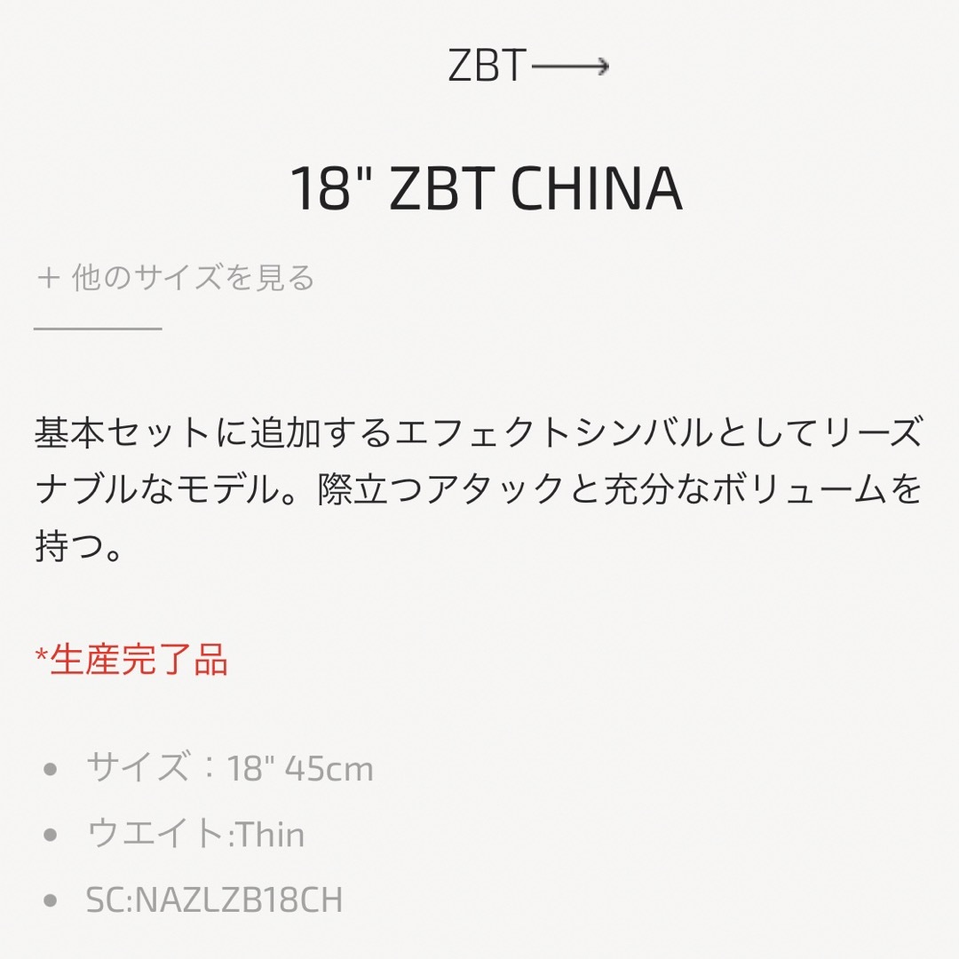 Zildjian(ジルジャン)のZildjian ZBT China 18インチ ジルジャン チャイナ シンバル 楽器のドラム(シンバル)の商品写真