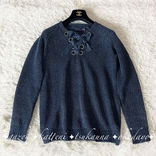 ポロ(POLO（RALPH LAUREN）)のポロラルフローレン リネン100% ニット セーター リボン編み上げ 紺 S(ニット/セーター)