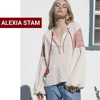 アリシアスタン(ALEXIA STAM)の美品　アリシアスタン　刺繍ステッチブラウス　スモッキング　バルーンスリーブ(シャツ/ブラウス(長袖/七分))