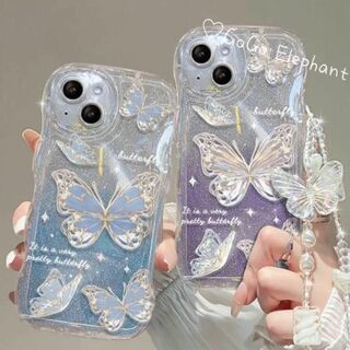 韓国♡水晶っぽい　きらきら　クリスタル　蝶々 ストラップ付き iPhoneケース(iPhoneケース)