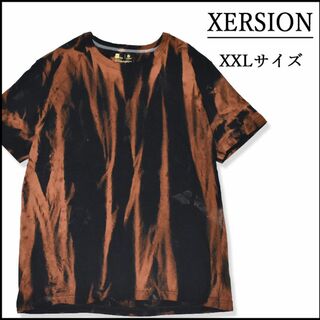 メンズタイダイ柄ブリーチ半袖TシャツXXL 古着屋　トップス　黒オレンジ　大きめ(Tシャツ/カットソー(半袖/袖なし))