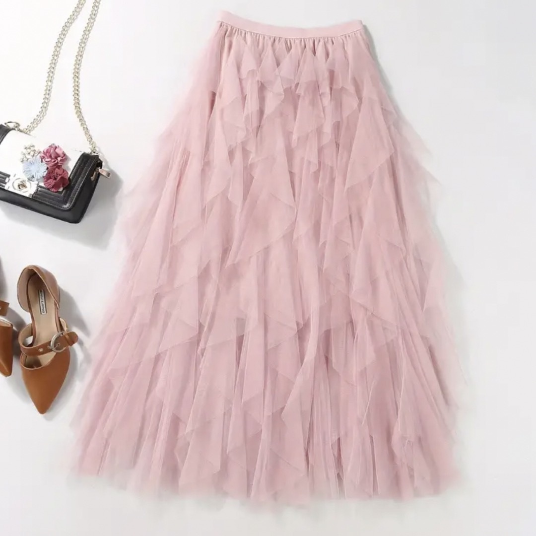 スカート　ロングスカート　非対称　チュール　ピンク　ウェストゴム　新品　XL レディースのスカート(ロングスカート)の商品写真