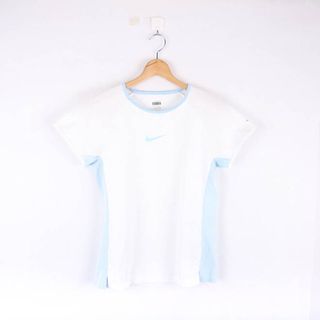 ナイキ(NIKE)のナイキ 半袖Tシャツ フィットドライ ロゴT スポーツウエア レディース Lサイズ 白×水色 NIKE(Tシャツ(半袖/袖なし))