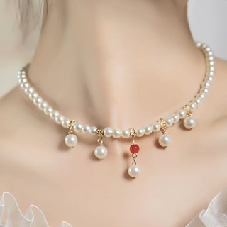 ボディライン(BODYLINE)の真珠赤珠瓔珞項鍊 白赤金色ネックレス　中華風　縁起物　結婚式　花魁舞妓　着物漢服(ネックレス)
