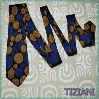 【美品】TIZIANI シルクネクタイ100％　ネクタイ ダークブルー　ゴールド(ネクタイ)