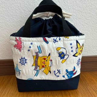 ハンドメイド お弁当袋 保冷保温ランチトートバック【 6】白×紺色(ランチボックス巾着)