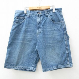 ラングラー(Wrangler)のW35★古着 ラングラー Wrangler ショート ペインター パンツ ショーツ メンズ 00年代 00s ヒゲ コットン 紺 ネイビー デニム 24apr03 中古 ボトムス 短パン ショーパン(ワークパンツ/カーゴパンツ)