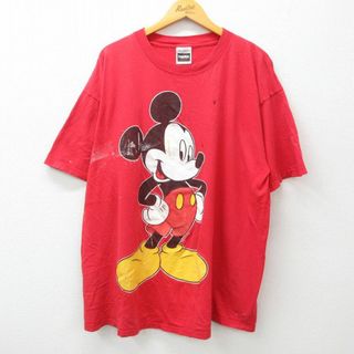 ディズニー(Disney)のXL★古着 TULTEX 半袖 ビンテージ Tシャツ メンズ 90年代 90s ディズニー DISNEY ミッキー MICKEY MOUSE 大きいサイズ コットン クルーネック 赤 レッド 24apr03 中古(Tシャツ/カットソー(半袖/袖なし))