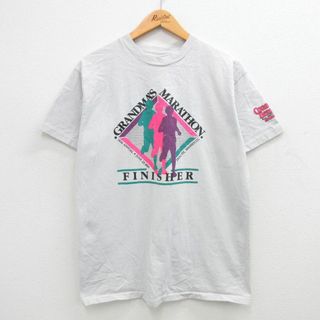 ヘインズ(Hanes)のL★古着 ヘインズ Hanes 半袖 ビンテージ Tシャツ メンズ 90年代 90s マラソン ミネソタ コットン クルーネック USA製 薄グレー 24apr03 中古(Tシャツ/カットソー(半袖/袖なし))