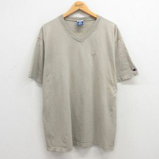 チャンピオン(Champion)のXL★古着 チャンピオン champion 半袖 ビンテージ Tシャツ メンズ 90年代 90s ワンポイントロゴ コットン Vネック USA製 ベージュ系 カーキ 24apr03 中古(Tシャツ/カットソー(半袖/袖なし))