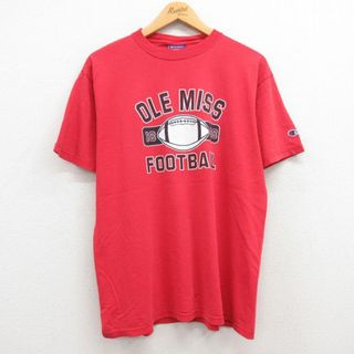 チャンピオン(Champion)のL★古着 チャンピオン Champion 半袖 ビンテージ Tシャツ メンズ 00年代 00s OLE MISS フットボール クルーネック 赤 レッド 24apr03 中古(Tシャツ/カットソー(半袖/袖なし))