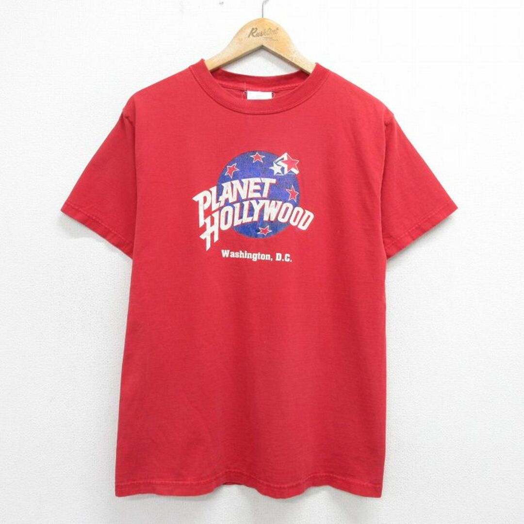 L★古着 プラネットハリウッド 半袖 ビンテージ Tシャツ メンズ 90年代 90s ビッグロゴ コットン クルーネック USA製 赤 レッド 24apr03 中古 メンズのトップス(Tシャツ/カットソー(半袖/袖なし))の商品写真