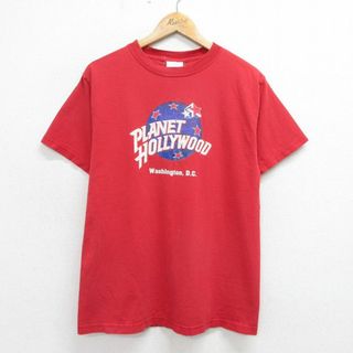 L★古着 プラネットハリウッド 半袖 ビンテージ Tシャツ メンズ 90年代 90s ビッグロゴ コットン クルーネック USA製 赤 レッド 24apr03 中古(Tシャツ/カットソー(半袖/袖なし))