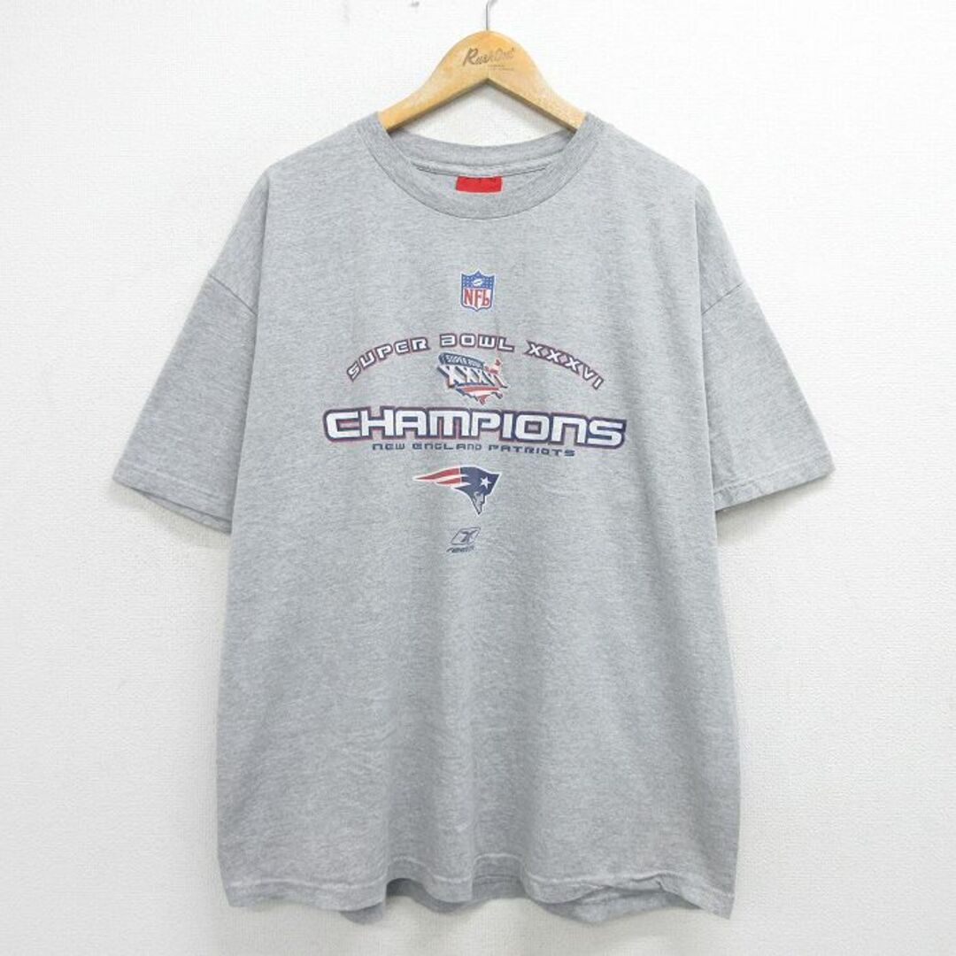 Reebok(リーボック)のXL★古着 リーボック REEBOK 半袖 ビンテージ Tシャツ メンズ 90年代 90s NFL ニューイングランドペイトリオッツ 大きいサイズ クルーネック USA製 グレー 霜降り アメフト スーパーボウル 24apr03 中古 メンズのトップス(Tシャツ/カットソー(半袖/袖なし))の商品写真