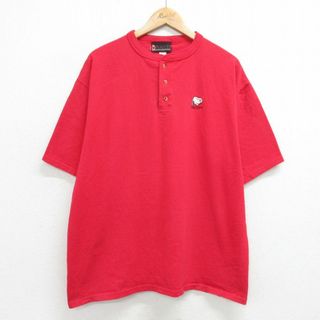 スヌーピー(SNOOPY)のXL★古着 半袖 ビンテージ Tシャツ メンズ 90年代 90s ピーナッツ スヌーピー SNOOPY 大きいサイズ コットン ヘンリーネック 赤 レッド 【spe】 24apr03 中古(Tシャツ/カットソー(半袖/袖なし))