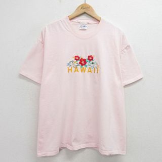 ヘインズ(Hanes)のXL★古着 ヘインズ Hanes 半袖 ビンテージ Tシャツ メンズ 00年代 00s ハワイ ハイビスカス 刺繍 コットン クルーネック 薄ピンク 24apr03 中古(Tシャツ/カットソー(半袖/袖なし))