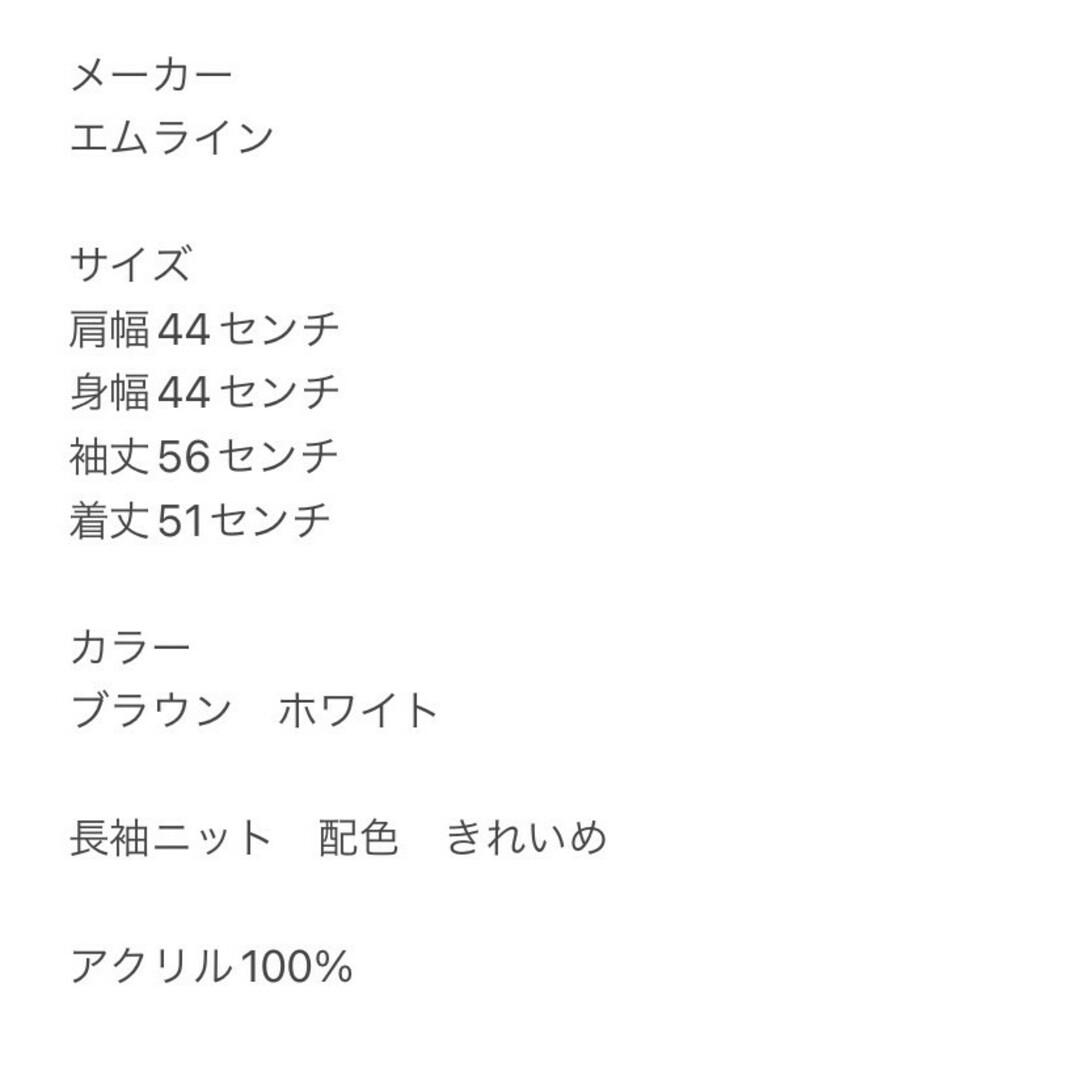 エムライン　長袖ニット　F　ブラウン　ホワイト　配色　きれいめ　アクリル100% レディースのトップス(ニット/セーター)の商品写真