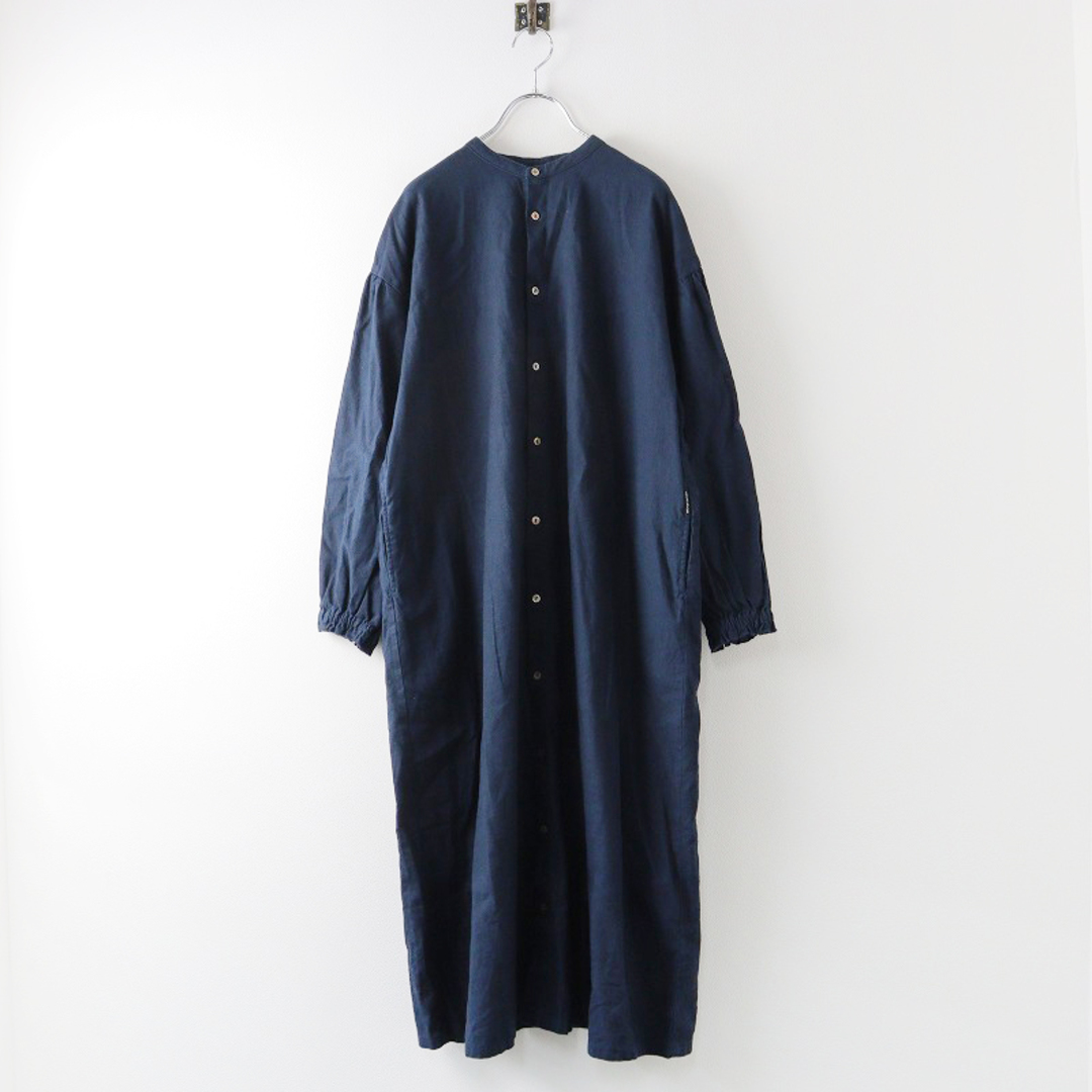 nest Robe(ネストローブ)の美品 2023AW nest Robe ネストローブ UpcycleLino 起毛 ギャザースリーブワンピース F/ネイビー シャツ リネン コットン 【2400013800525】 レディースのワンピース(その他)の商品写真