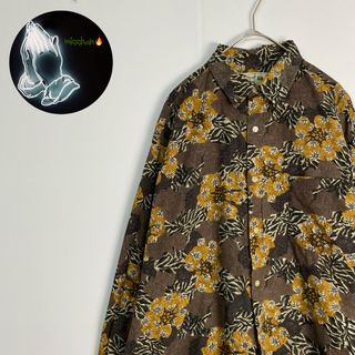 【長袖シャツ　柄シャツ　花柄　ブラウン　キャメル　グレー　古着】(シャツ)