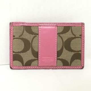 コーチ(COACH)のCOACH(コーチ) パスケース シグネチャー柄 カーキ×ピンク ジャガード×レザー(名刺入れ/定期入れ)