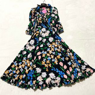 ケイトスペードニューヨーク(kate spade new york)の新品タグ付　ケイトスペード　ラップ　ロングワンピース　花柄　ブラック　XS(ロングワンピース/マキシワンピース)