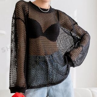 シーイン(SHEIN)のSHEIN  ドロップショルダートップス　ブラック(Tシャツ(長袖/七分))