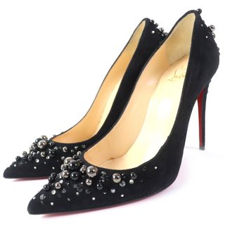 クリスチャンルブタン(Christian Louboutin)の美品△Christian Louboutin クリスチャンルブタン 3160781 Candidate 100 スウェード ビジュー・フェイクパール付き ポインテッドトゥ パンプス ブラック 36 イタリア製 レディース(ハイヒール/パンプス)