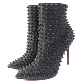 クリスチャンルブタン(Christian Louboutin)の美品△Christian Louboutin クリスチャンルブタン レザー スパイクスタッズ サイドジップ ポインテッドトゥ アンクルブーツ ブラック 37 保存袋付き イタリア製 レディース(ブーツ)