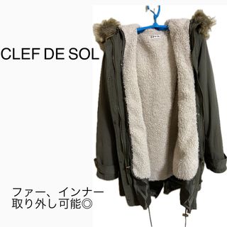 クレドソル(CLEF DE SOL)の美品　レディース　モッズコート　ファー　カーキ　着脱　クレドソル(モッズコート)