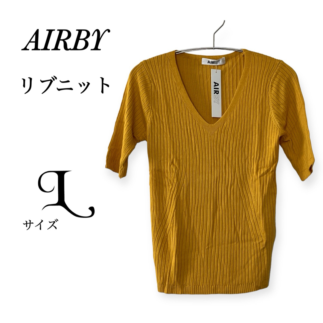 AIRBY 五分袖　薄手リブニット　Vネック　Lサイズ　縦ライン　着痩せ レディースのトップス(ニット/セーター)の商品写真