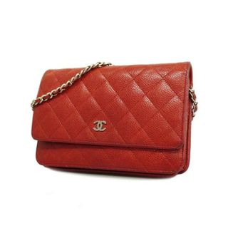 シャネル(CHANEL)の【4ha0359】シャネル ショルダーウォレット/マトラッセ/チェーンショルダー/キャビアスキン/レッド/シルバー金具 【中古】 レディース(財布)