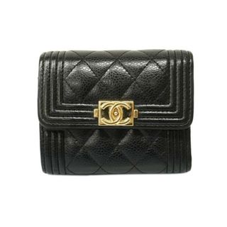 シャネル(CHANEL)の【4ha0313】シャネル 三つ折り財布/ボーイシャネル/キャビアスキン/ブラック/シャンパンゴールド金具 【中古】 レディース(財布)