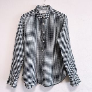 ユニクロ(UNIQLO)のUNIQLO ユニクロ プレミアムリネンチェックシャツ長袖  ネイビー  M(シャツ/ブラウス(長袖/七分))