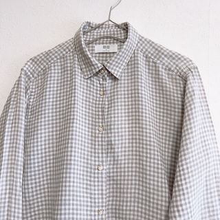 ユニクロ(UNIQLO)のUNIQLO ユニクロ プレミアムリネンチェックシャツ長袖  グレー　M(シャツ/ブラウス(長袖/七分))