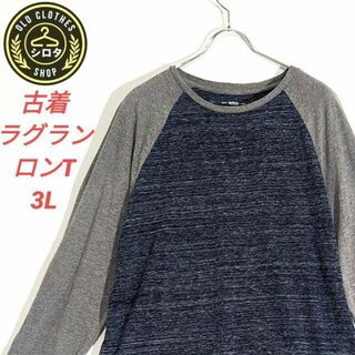 古着 ロンT ラグラン アメカジ 青 グレー ゆるだぼ(Tシャツ/カットソー(七分/長袖))