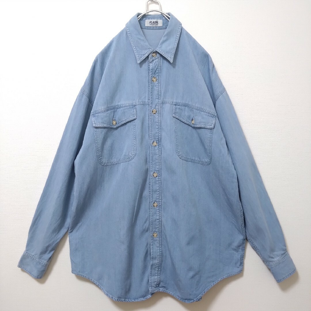 シャツ　メンズ　長袖　ダブルポケット　ブルー　デニム　オーバーサイズ　ゆるだぼ メンズのトップス(シャツ)の商品写真