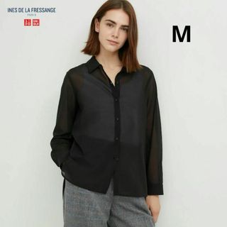 ユニクロ(UNIQLO)のイネス　コットンシアーシャツ（長袖）ブラック　ユニクロ　INES(シャツ/ブラウス(長袖/七分))