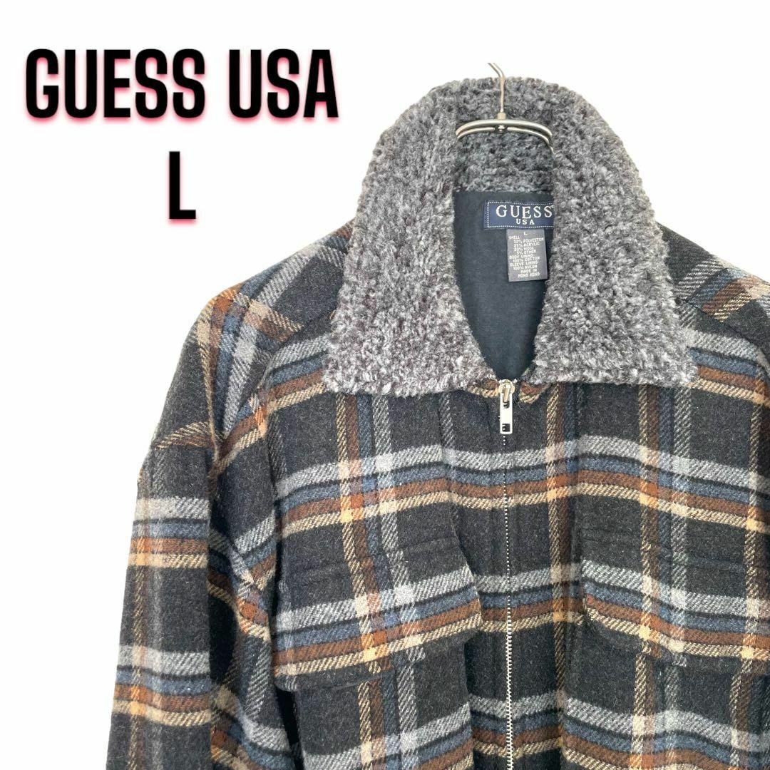 GUESS(ゲス)の良品 GUESS USA ボアジャケット ブラウン チェック柄 ヴィンテージ L メンズのジャケット/アウター(テーラードジャケット)の商品写真