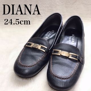 ダイアナ(DIANA)の美品 大きめ DIANA レザー ローファー シューズ 革靴 ゴールド 金具 黒(ローファー/革靴)