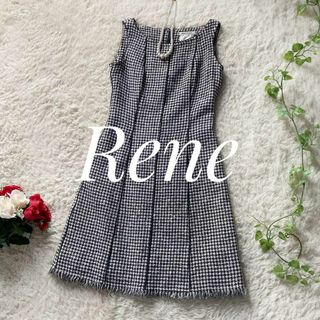 ルネ(René)のRene　ノースリーブフレアワンピース　ツイード　千鳥格子　フリンジ　日本製(ひざ丈ワンピース)