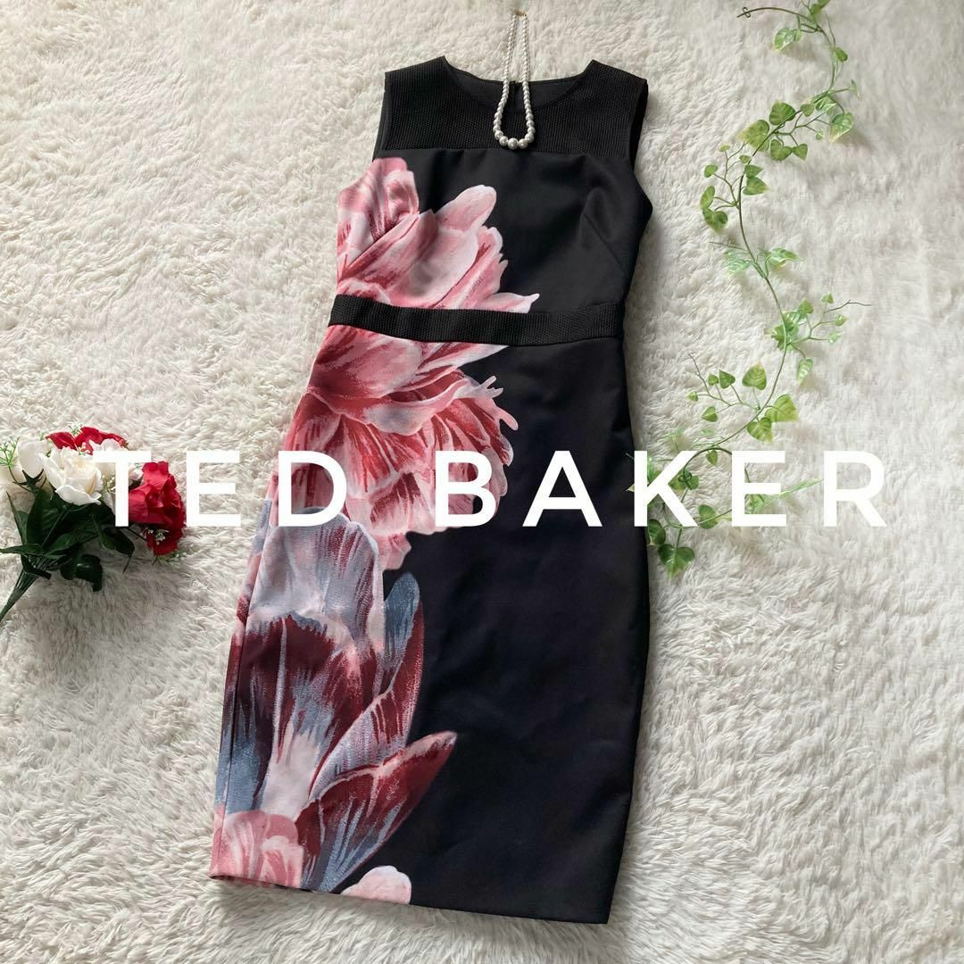 TED BAKER(テッドベイカー)のTED BAKER　タイトドレス 　ワンピース　花柄　メッシュ切替　膝下丈　美品 レディースのワンピース(ひざ丈ワンピース)の商品写真